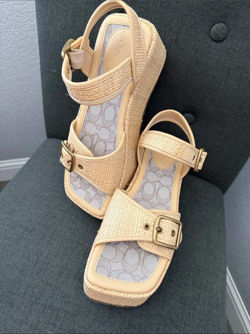 Coach Beige Woven Platform Wedge Sandals